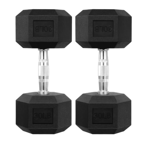 HulkFit 30 LBS Pair Rubber Coated Hex Dumbbells, Anti-Roll Hand Weights Set of 2, Non-Slip Ergonomic Handle Low Odor for