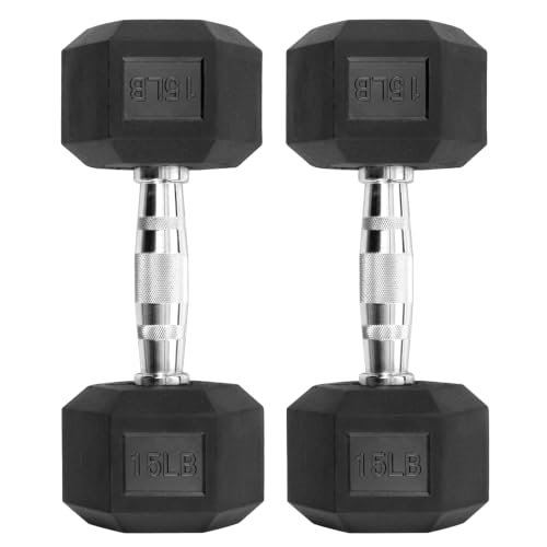 HulkFit 15 LBS Pair Rubber Coated Hex Dumbbells, Anti-Roll Hand Weights Set of 2, Non-Slip Ergonomic Handle Low Odor for